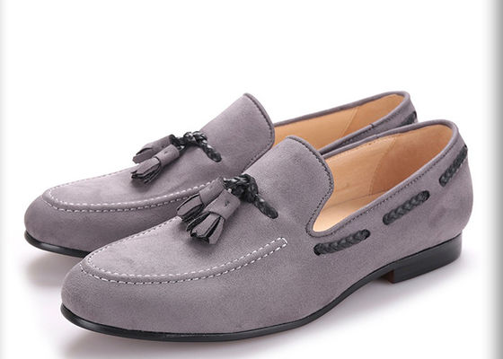 Ręcznie wykonane męskie buty z czarnego aksamit, Tassel British Style Grey Casual Dress