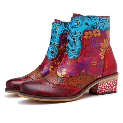 Vintage prawdziwe skórzane buty kowbojowe, damskie skórzane buty kostkowe wielkości