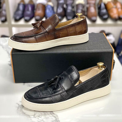 Mężczyźni niskie obcasy Slip On Tassel Buty Czarny / Brązowy Mężczyźni Prawdziwa skóra Casual Buty
