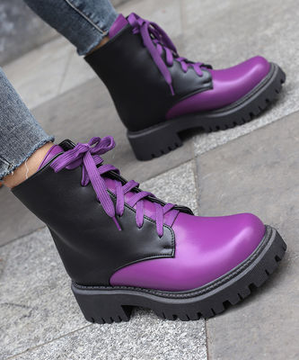 Gumowe podeszwy damskie buty skórzane Czarne buty w stylu wojskowym