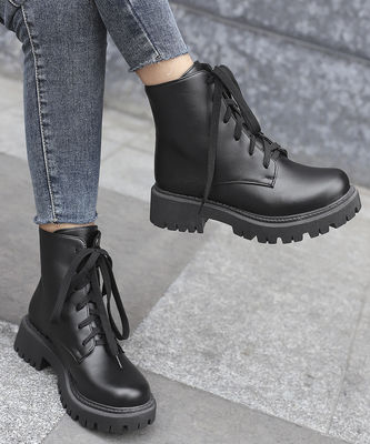 Gumowe podeszwy damskie buty skórzane Czarne buty w stylu wojskowym
