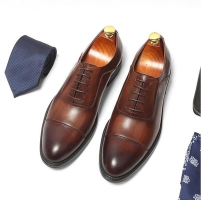 Plain Toe Mens Brown Lace Up Dress Buts Size Customized With Waxy Leather Finish
