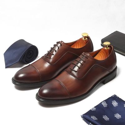 Plain Toe Mens Brown Lace Up Dress Buts Size Customized With Waxy Leather Finish