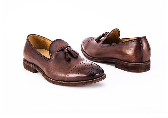 Latowe brązowe męskie futerki skórzane Buty Slip On Brogue Tassel Loafers