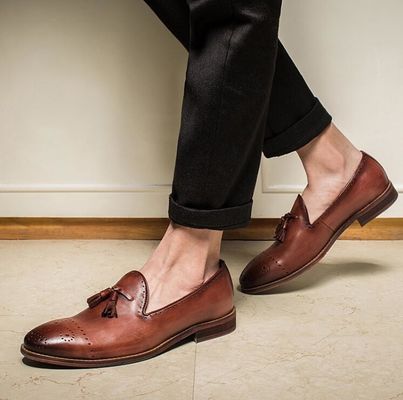 Latowe brązowe męskie futerki skórzane Buty Slip On Brogue Tassel Loafers