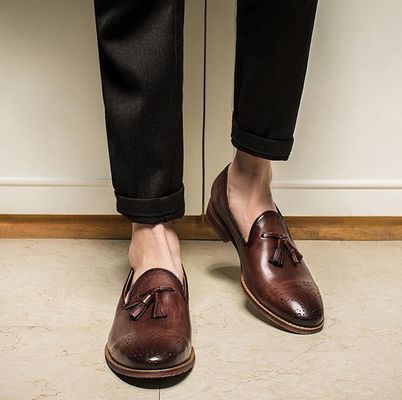 Latowe brązowe męskie futerki skórzane Buty Slip On Brogue Tassel Loafers