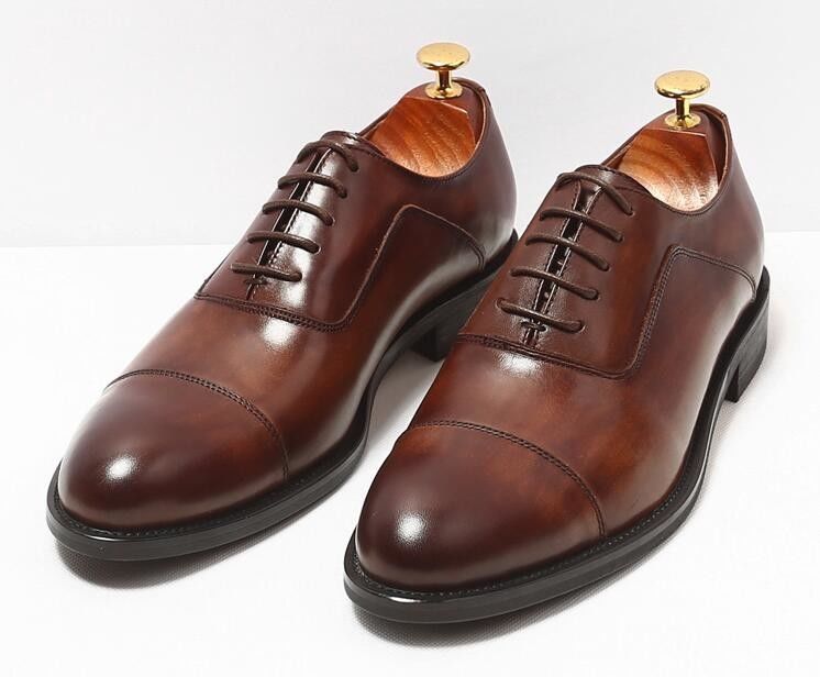 Plain Toe Mens Brown Lace Up Dress Buts Size Customized With Waxy Leather Finish