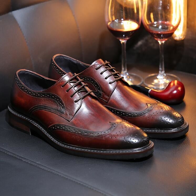 Derby Style Męskie Brązowe Sznurówki Buty Płaskie Męskie Skórzane Sznurówki